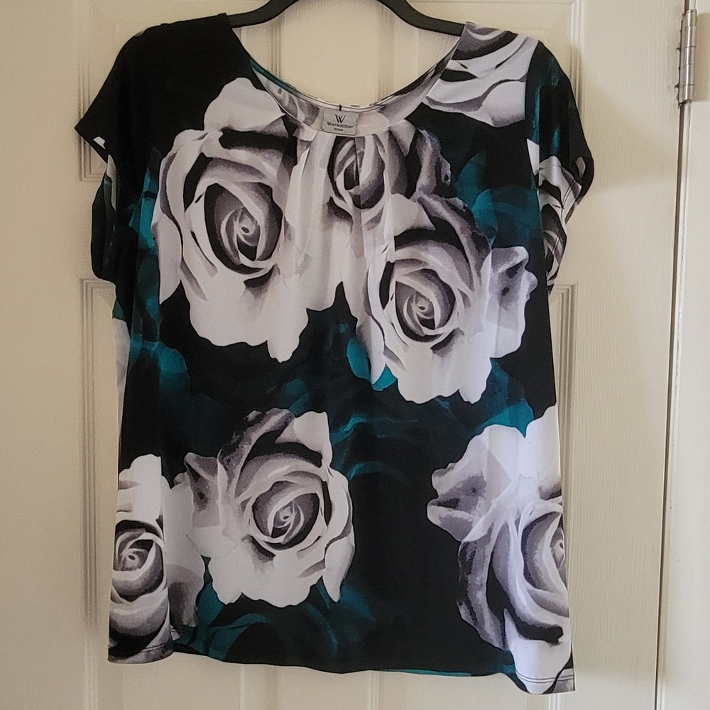 Worthington 2X Black/Grey/Teal Short Sleeve Flower Blouse